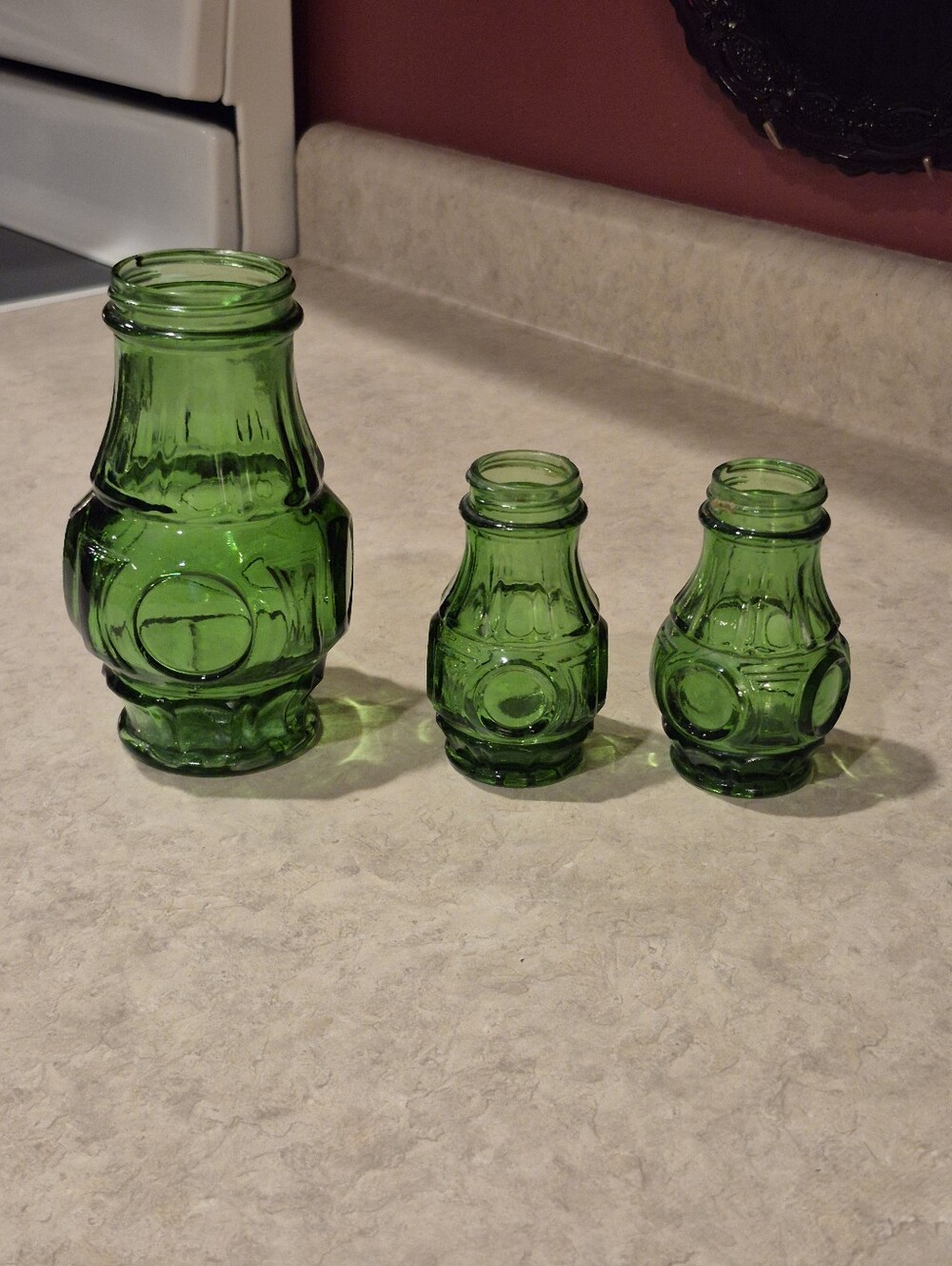 Set Of 3 Vintage Wheaton Green Glass Shakers, No Lids, Salt And Pepper
